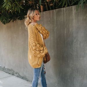 MUSTARD YELLOW PUFF BALL SLEEVE CARDIGAN VICI
